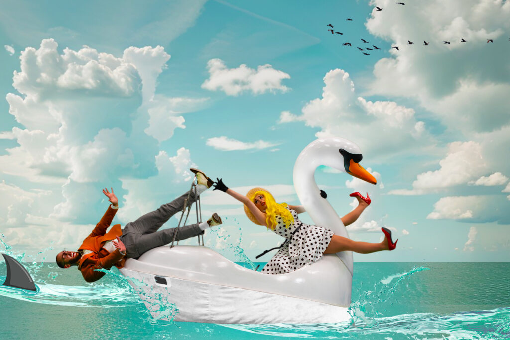 Get ready to dive into the whimsical world of Swan in Love! Gary & Pel pedal into the hearts of audiences, inviting them to slow dance, snap some pics and take a 'romantic ride' on their 7ft Swan Pedalo.